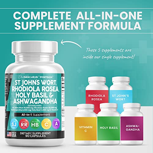 Clean Nutraceuticals St Johns Wort 10000mg Rhodiola Rosea 20000mg Holy Basil 3000mg Ashwagandha 6000mg - Mood Support for Women and Men with Vitamin C & Black Pepper Extract - Made in USA 90 Caps - Image 4