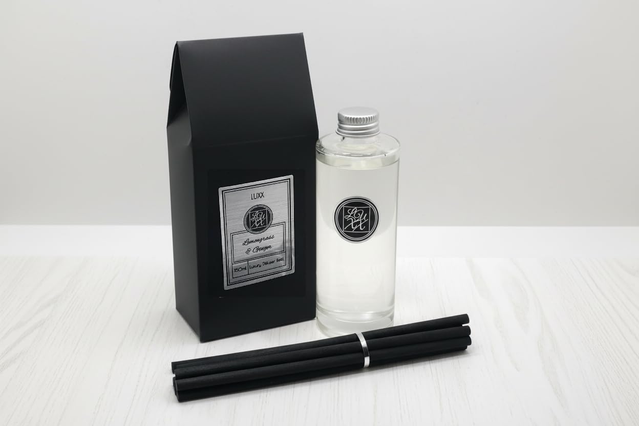Luxx Black Lemongrass & Ginger | Creations Large Room Diffuser Refill 150Ml + 8 Reeds | Scent Notes: Lemongrass, Lime, Lemon, Cinnamon, Ginger, Patchouli & Nutmeg