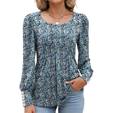 QOAAIE Womens Long Sleeve Blouses Dressy Pleated Crew Neck Tunic Tops Casual Button Trendy Cuffs Loose Work Shirts Blue Floral XL Cover