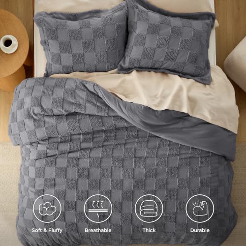 Image of Bedsure Dark Grey Queen Size Comforter Set, Boho Tufted Bed Set, Checkered Farmhouse-Style Distressed Vintage Bedding, 3 Pieces, 1 Plaid Geometric Comforter and 2 Pillow Shams