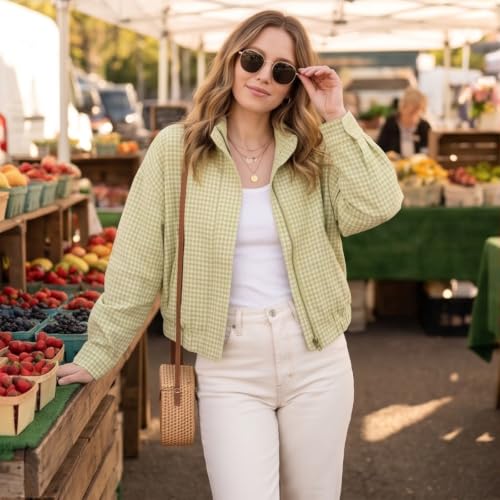 Plaid Bomber Jacket Women Oversized Cropped Funnel Neck Gingham Jacket - image 6