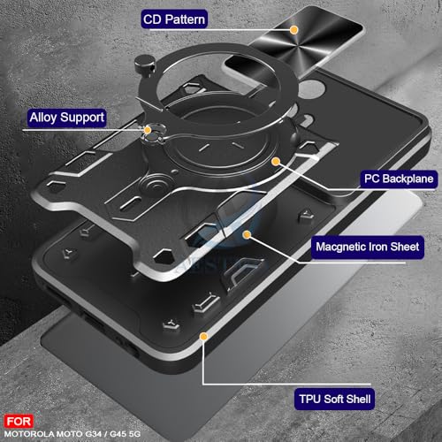Image of AESTMO Armor Motorola Moto G34 / G45 5G Bumper Back Case Cover | Ring Holder & CD Pattern Sliding Camera Shutter Cover | Back Case Cover for Motorola Moto G34 / G45 5G (Black)