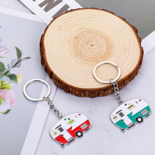 Image of Thinp 2 Pieces Camper Keychain, RV Camper Keyring Accessories for Travel Trailers Enameled Metal Retro Camping Car Keychain