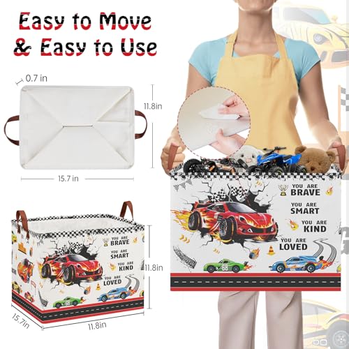 Image of Race Car Room Decor Basket,Waterproof Car Themed Storage Bins for Boys,Collapsible Kids Laundry Hamper with Parking Sign,Rectangular Tire Toy Box for Bedroom Bathroom, Boo Basket for Halloween