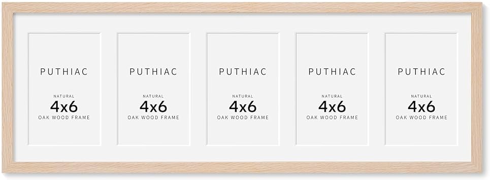 8x24 Oak Wood Picture Frame - 8x24 Photo Frame with Mat Display 5Pcs 4x6 Photos, 4x6 Picture Frame Wood, Natural Solid Wooden Picture Frames for Wall Art Photo and Prints(1 Pack, Beige)