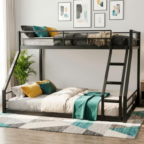 Twin XL Over Queen Metal Bunk Bed with Full-Length Guardrails Heavy Duty Steel Bed Frame with Noise-Free Reinforced Slats Space-Saving Design for Teens Adults Black