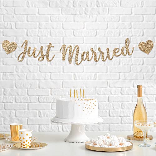 Pre-Strung Just Married Banner - NO DIY - Gold Glitter Wedding Party Banner in Script - Pre-Strung Garland on 6 ft Strand - Gold Wedding Reception Party Decorations & Decor. Did we mention no DIY? - Thumbnail 7