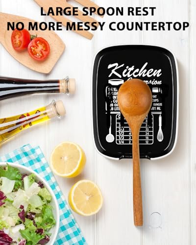 Image of Black Spoon Rest for Stove Top, Ceramic Spoon Holder for Kitchen Counter | Funny Large Cooking Utensil Rest, Conversion Chart Modern Farmhouse Kitchen Decor and Accessories for Cooking Lovers