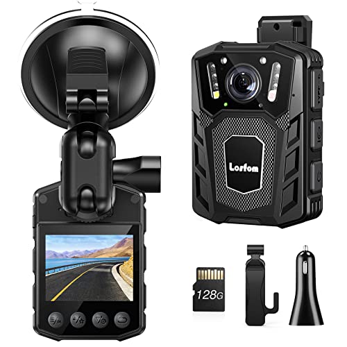 Losfom WD1 128GB Body Camera with Audio, 1080P Police Body Camera with Infrared Night Vision, Dash Cam for Cars with Suction Cup Mount, 2-in-1 Body Worn Cam for Patrol/Car/Pet Monitoring/Travel