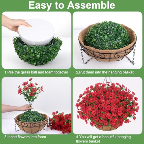 Image of Bassion Artificial Hanging Silk Flowers for Outdoors with Basket, Red