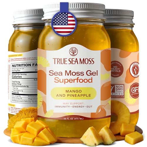 TrueSeaMoss Sea Moss Gel – Made in USA – Wildcrafted Seamoss, Fruits & Jarred Vegetables – Mango/Pineapple, Pack of 1 (Labels may Vary)