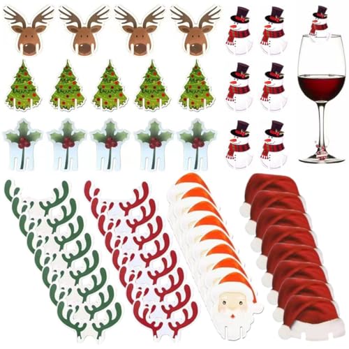 INOOMP Lot de 80 Marqueurs de Verre à Vin Décoratifs en Bois sur Thème Noël – Père Noël, Renne, Bonhomme de Neige, Sapin, Cloche – Breloques...