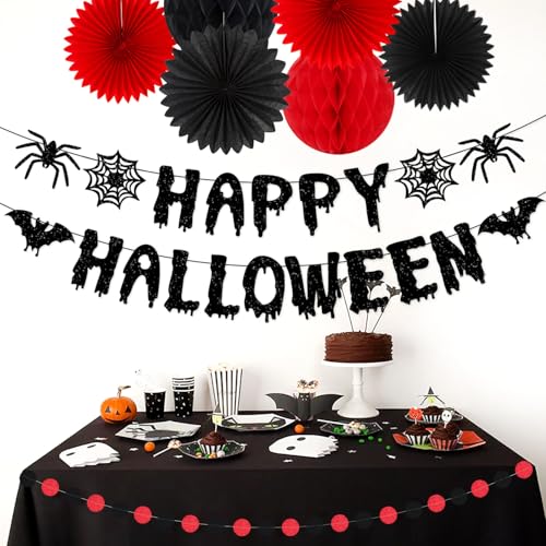 Image of Red Black Happy-Halloween Party Decorations - 13PCS Spider Web Bats Streamers Banner ,Paper Flowers Lanterns Tissue Pom Poms Fans, Classroom Birthday Bachelorette Hanging Supplies Decor Hugfond