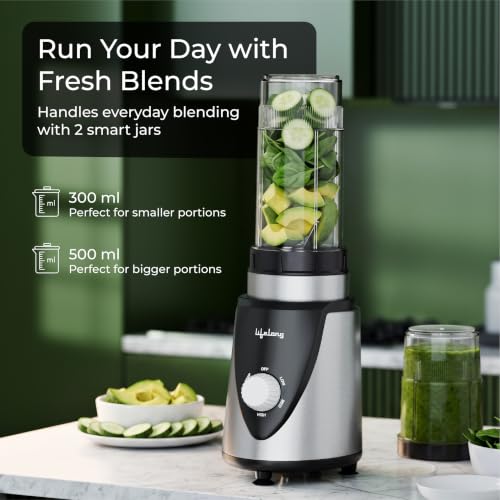 Image of Lifelong Nutri Blender with 2 Jars (300ml, 500ml) | 450W Motor, 2 SS Blades(4 & 2 Leaf), 2 Lids(Strong & Sprinkler), Leak Proof Jars for Blending, Mixing, & Grinding Juice, Smoothie, Chutney, & Masala