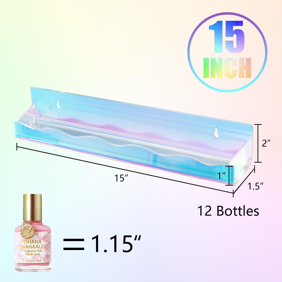 BTremary 15" Nail Polish Rack Wall Mounted Floating Shelves Acrylic Paints Gel Polish Organizer and Storage with End Caps for Kid Room, Books, Nail Techs, Art Lovers, Great Display Salons, Rainbow