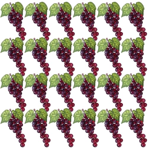Wavyknot 24 Pcs Artificial Grape Rubber Fake Grapes Bunches with Vines Leaves Faux Lifelike Fruits Ornament for Wedding Outdoor Decoration Garden Home(Purple)