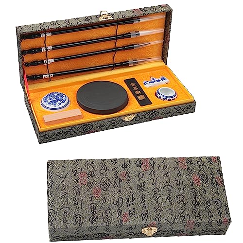 10 Piezas Juego de Pinceles de Escritura para Caligrafía China, Kit de Tinta de Papel, Accesorios de Escritura, Suministros de Regalo para Estudiantes Principiantes, Pintura de Paisaje de Tinta（Gris）