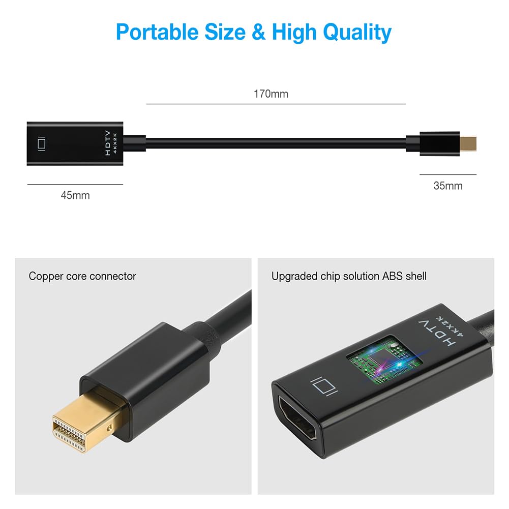 AXFEE Adaptateur Mini DisplayPort vers HDMI, Lot de 1, UHD, 4K 30Hz, 2K 60Hz,1080P 120Hz, pour MacBook Air/Pro, Microsoft Surface Pro et Plus - Noir
