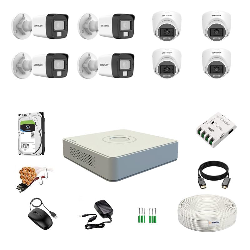 Image of Clocite HIKVISION 3K /5MP 8 Channel DVR, 3K (5MP) 4 Dome & 4 Bullet Cameras [Color Night Vision + Built-in Audio MIC + SMART Dual Light + Motion Detection] + 2 TB HDD 8 CH SMPS + CCTV Cable + BNC /DC