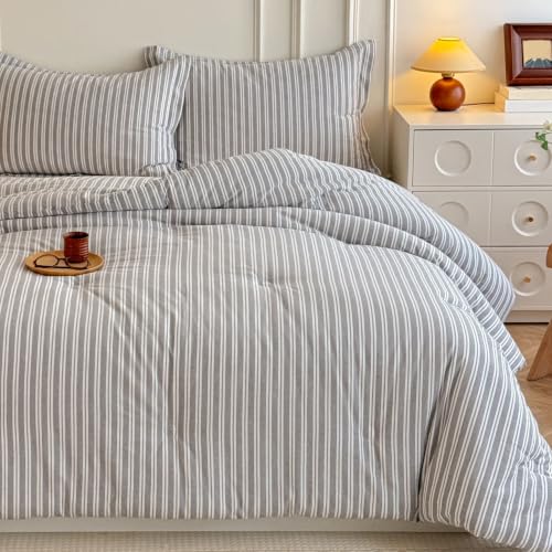 Image of Cyusri Cotton Stripe Full Comforter Set - Soft Lightweight Bedding 3 Pieces Dyed Bed Set with 2 Pillow Shams,Reversible All Season Farmhouse Down Alternative(Full Size 80 inchx90 inch Grey White)