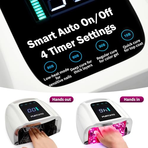 Image of PURTATO Professional Rechargeable 96W UV LED Portable Cordless UV Light for Nail Lamp Machine with Removable Stainless Steel Bottom,4 Timer Setting and Smart Sensor Nail Dryer (White)