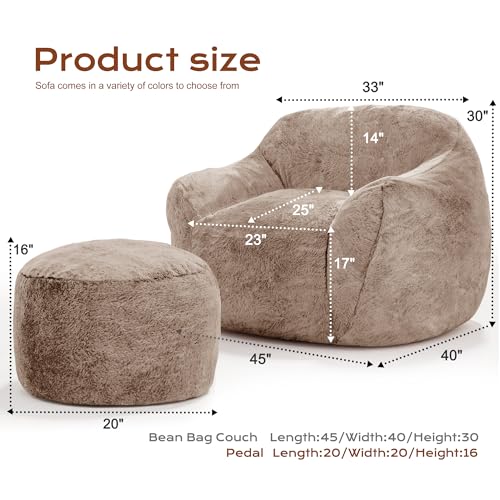 Image of Homguava Giant Bean Bag Chairs for Adults,Large Bean Bag Couch with Ottoman | Big Beanbag Chair with Memory Foam Filled,Oversized Bean Bag Sofa,Faux Fur Floor Sofa Chair for Bedroom Living Room-Khaki