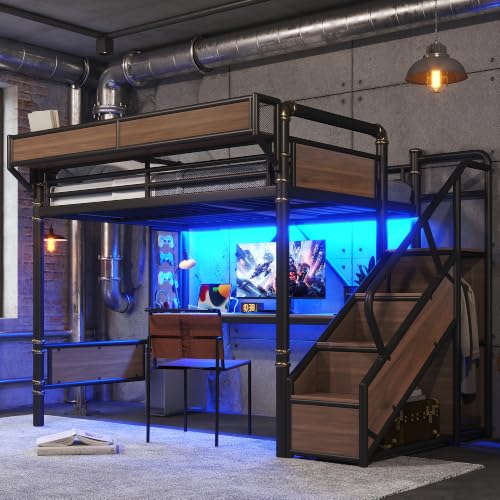 KEIKI Full Size Metal Loft Bed Frame with Storage Staircase & Built-in Desk & Wardrobe, Loft Bed with Pegboard & Mesh Storage Baskets & Slats, No Box Spring Required, Easy Assembly, for Bedroom, Black
