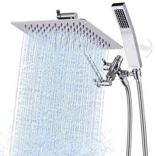G-Promise All Metal 8 Inch Dual Square Shower Head with Handheld Spray Combo, Rain Shower Head, Adjustable Extension Arm, Smooth 3-Way Diverter, 71 Inch Extra Long Hose - A Bathroom Upgrade (Chrome)