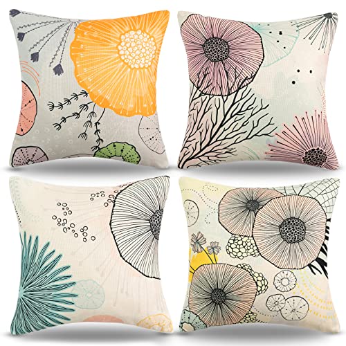 Housse Pour Coussin 40x40 Pissenlit Coloré Taie Coussin Abstrait Motif de Fleur Géométrique Housse Doreiller Décoratif Lin Housse de Coussin Set de 4 Housse Coussin...