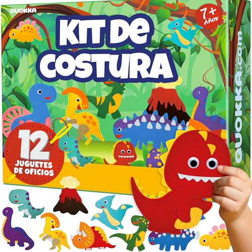 QUOKKA Manualidades Para Niños De 4 A 8 Años - Kit De Costura Para Principiantes Con Aguja E Hilo - Kit Básico De Costura Con 12 Dinosaurios Salvajes - Manualidades Divertidas Para Niños