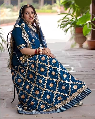 Image of Heavy Embroidery Work Semi Stitched Shimmer Silk Rajputi Poshak For Women Rajasthani Lehenga Choli