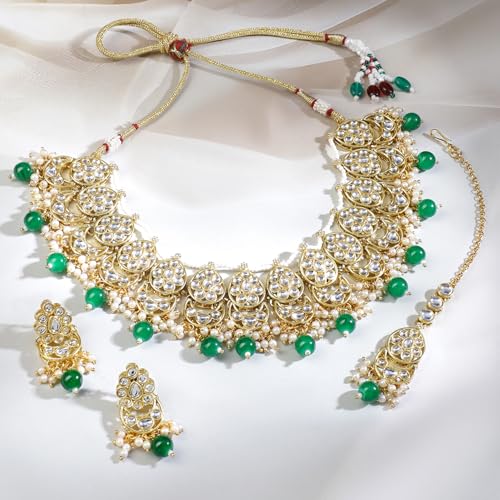 Image of Rubans Necklace Maangtikka Set Gold Plated Kundan & Pearl Jewellery Gift for Women & Girls