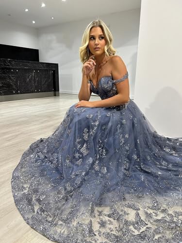 Miao Duo Women's 3D Butterfly Sparkly Tulle Prom Dresses 2024 Long Ball Gown Spaghetti Straps Formal Evening Dress YZTS1424