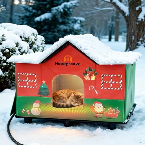 Homegroove Beheiztes Weihnachts Katzenhaus Outdoor - Thematisches Winterfests Isoliertes Katzenhaus für Draußen mit Heizpad & Sichtfenster -...