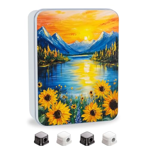 Image of Metal Tin Box with Lid,Multi-functional Storage Box Can Store Tea Biscuits Game Cards, Playing & Tarot Cards-Comes with 4 Magnetic Cord Clips,Sunset Mountain Lake