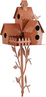 Birdhouse Garden Stakes,Metal Bird House with Pole Metal Art Cottage Bird House Stakes,Hummingbird House Distressed Metal Birdhouse Garden Decor (E)