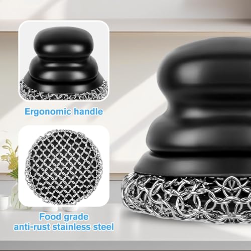 Image of Cast Iron Scrubber (2 x Black Coarse Mesh) and and Scraper, Chain Mail Scrubber for Cleaning Stock Pots, Pans, Griddles, Grills, Cast Iron Skillets, Dish Scouring Pads