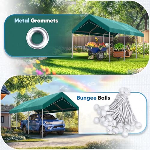 Image of ADVANCE OUTDOOR 10x20 ft Carport Replacement Top Cover, Heavy Duty Waterproof & UV Protected, Easy Installation with Ball Bungees, Green, Roof Only