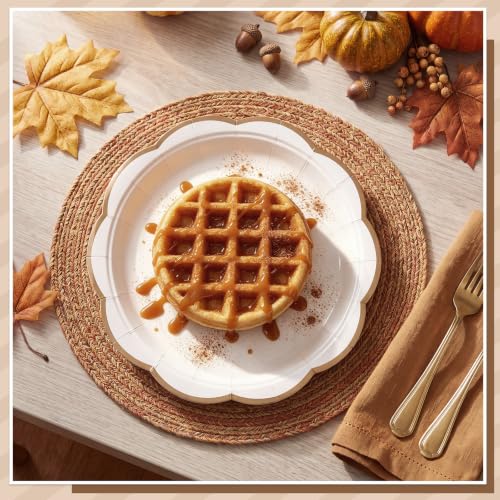 Image of 30 Pcs Brown and White Paper Plates 7 In Scalloped Fall Plates Disposable