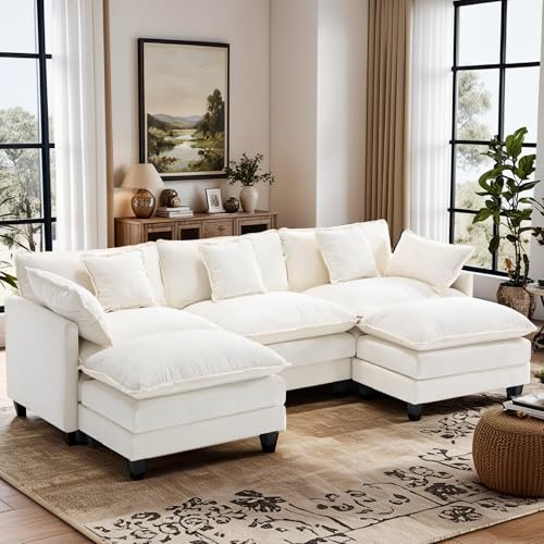 Image of 113.4 inch Modular Sectional Sofa,U Shaped Couch for Living Room,Modern Deep Seat Sofa 3 Seater Chenille Fabric Comfy Cloud Couches with Throw Pillows & Movable Ottoman