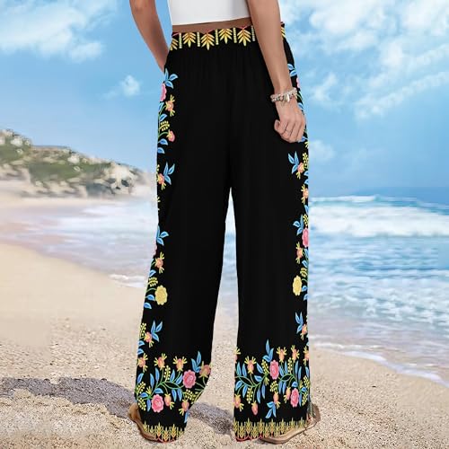 Women's Wide Leg Palazzo Pants High Waisted Flowy Pockets Trendy Casual Lounge Boho Beach Trousers with Pockets4
