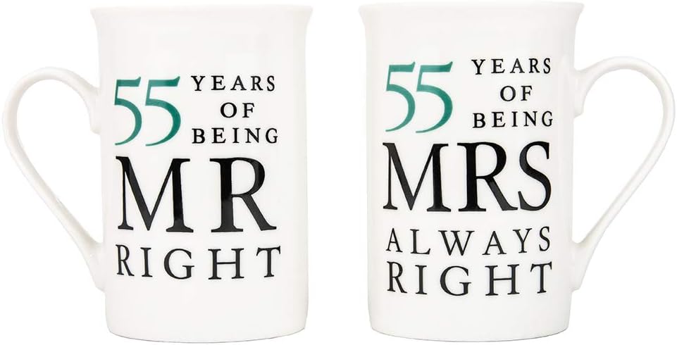 Ivory 55th Anniversary Mr Right & Mrs Always Right Ceramic Mugs Gift Set Thoughtful and Unique Gift Idea Dishwasher and Microwave Safe by Happy Homewares