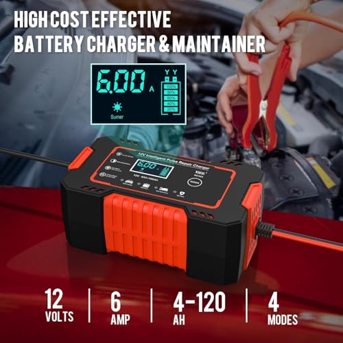 Image of Car Battery Charger, 12V 6A Smart Battery Trickle Charger Automotive 12V Battery Maintainer Desulfator with Temperature Compensation for Car Truck Motorcycle, Lead Acid Batteries