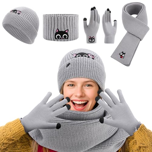 Utensilsto Damen WinterSet(Mütze,Schal,Handschuhe,Stirnband) Süße Warme Katzenmütze Winterschal Geschenkset für Katzenliebhaber Frauen Mädchen
