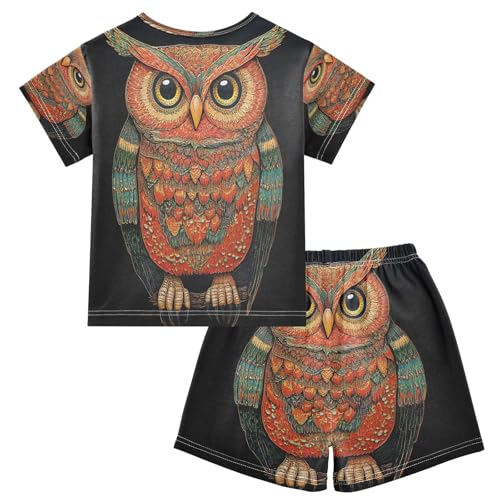 ALAZA Dark Ethnic Aztec Owl Pajamas Set Short Sleeve Cotton Sleepwear Summer Pjs 2 Piece 5-14Y2
