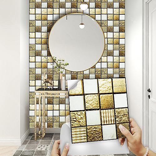 WIQUYBML Adhesivos para Azulejos de Cocina de 30x30 cm, Color Dorado y Blanco, autoadhesivos para Paredes de baño y salpicaderos, Vinilo Decorativo para el hogar (10 Unidades).