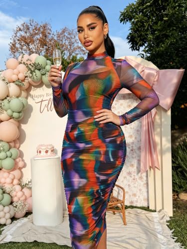 Image of MOEENCN Women's Sexy Long Sleeve Sheer Mesh Midi Bodycon Dress 2 Piece Set