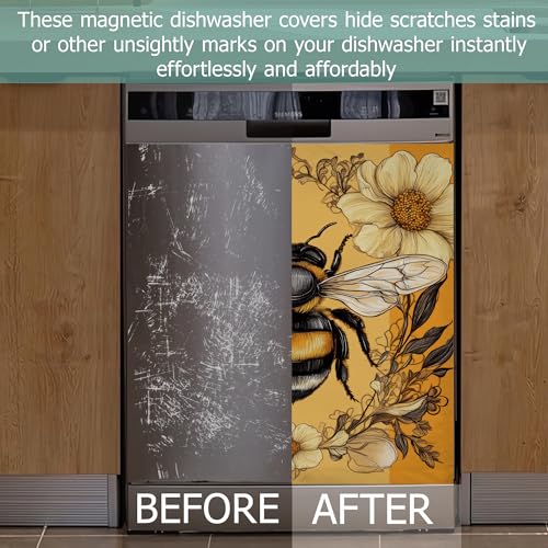 Image of Bee Dishwasher Covers for The Front Magnetic,Yellow Flower Refrigerator Magnets Decoration,Reusable Dishwasher Cover Panel for Home Kitchen Decor 23x26 Inch