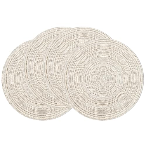 Image of SHACOS Round Braided Placemats Set of 4 Washable Table Placemats Cotton Polyester Place Mats 15 inch Circle Table Mats for Holiday Party (Ivory, 4)