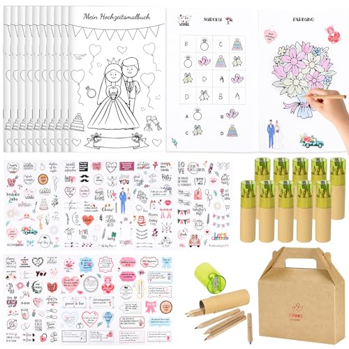 JONRRYIN 10er Malbuch Hochzeit für Kinder Hochzeitsmalbuch Beschäftigung mit Buntstiften & Aufkleber für Kinder Kindermalbuch Hochzeit Gastgeschenke